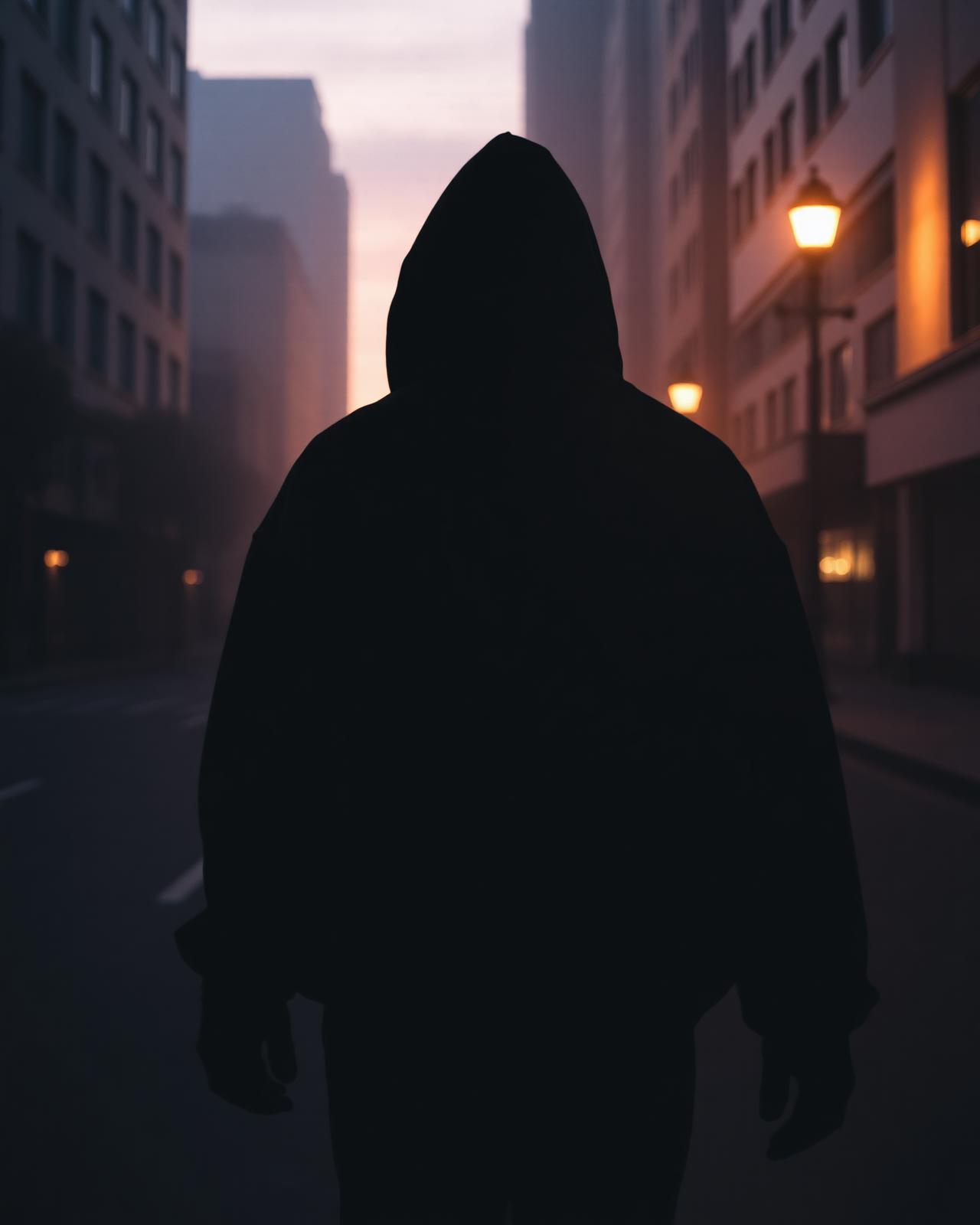Hooded figure walking down a misty street