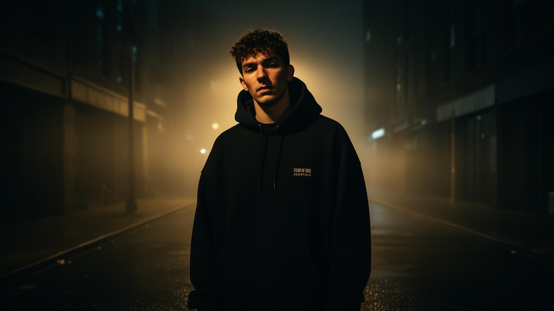 A young man in a black hoodie standing in a foggy city street at night